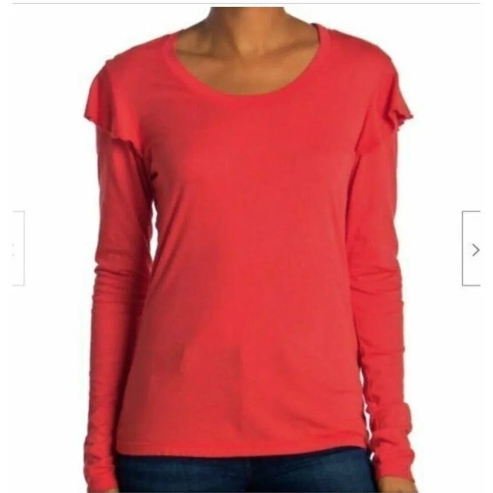 Sundry Womens Ruffle Shoulder Top Size X-LARGE Cherry Red NEW Long Sleeve Scoop